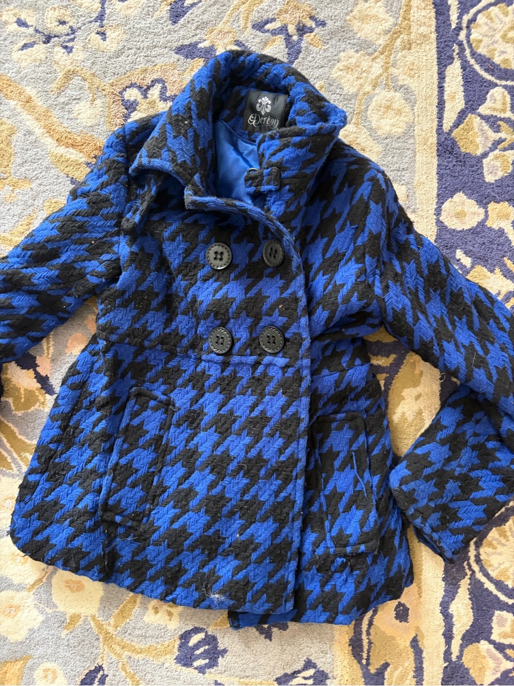 2000s Blue and Black Houndstooth Double Breasted Peacoat